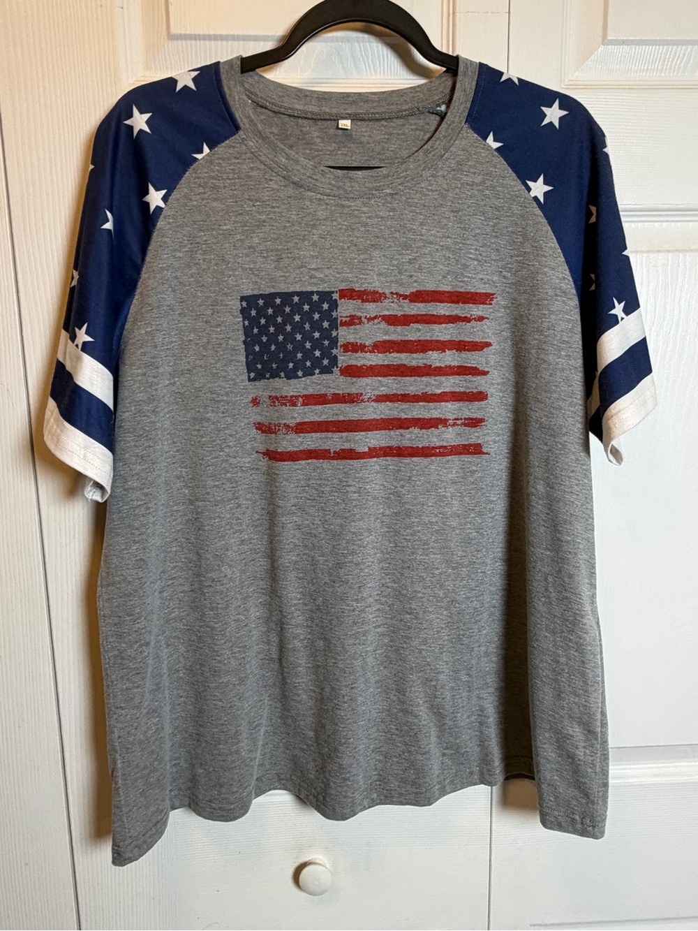 USA Flag Patriotic Raglan Tee Gray Blue Stars 2XL